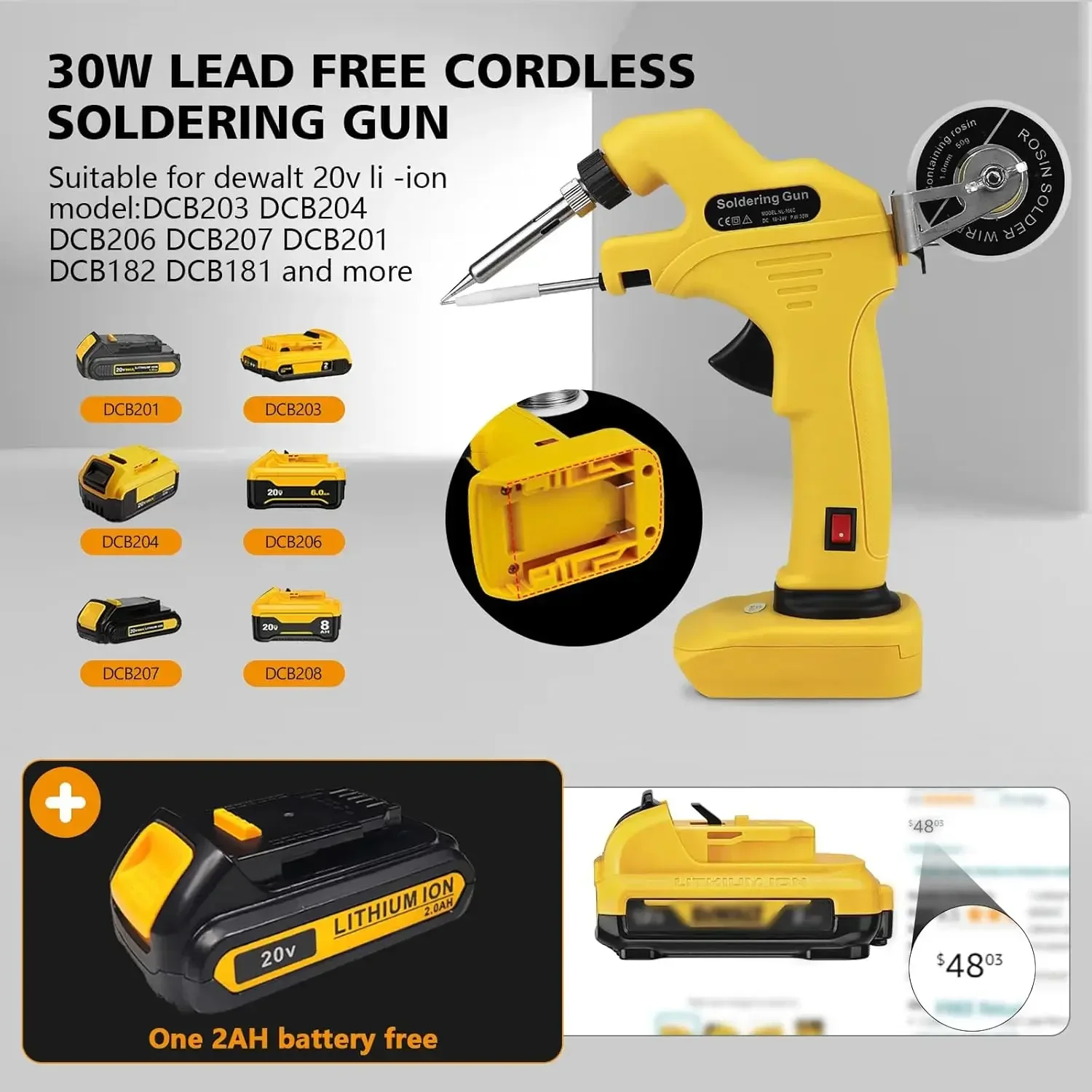 Kit de fer à souder sans fil pour Dewalt, odorde soudage au lithium-ion, chauffage en céramique, sans batterie, 18V Max, 30W