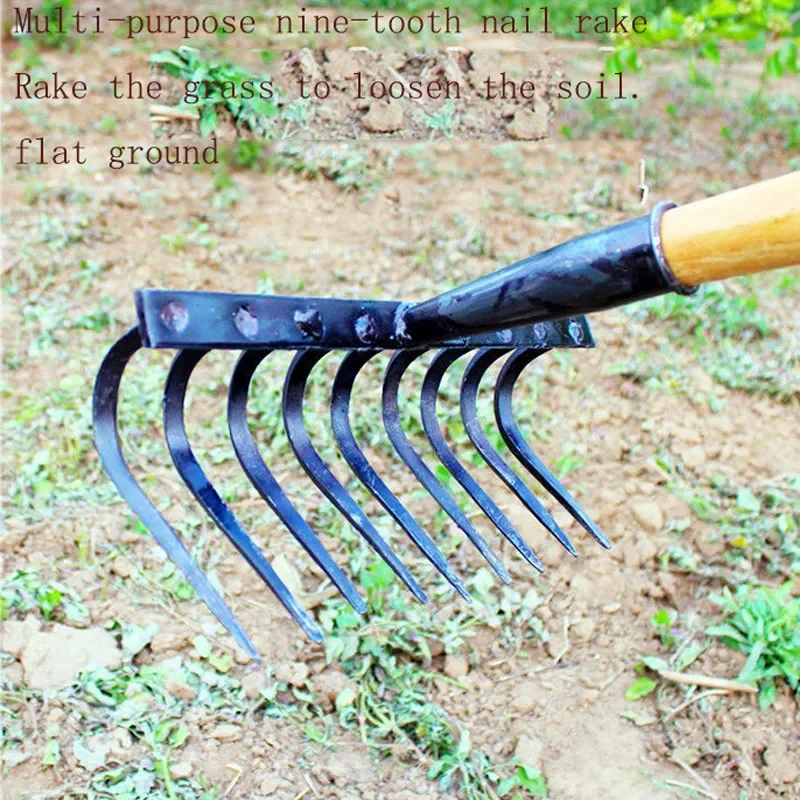 

New Agricultural Nail Rake Multi-functional Manual Forging Rake Grass Loose Soil Flat Steel Vegetable Garden Nine-tooth Nail Rak