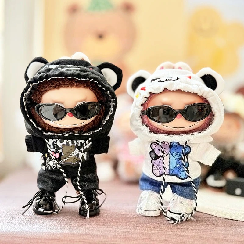 

For 15/17cm Cute Labubu Doll Clothes Black White Bear Hoodie Sweater Set Labubu V1 V2 Dolls boy Clothing Toys Accessories Gift