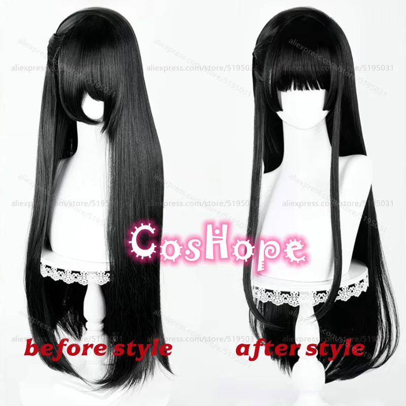 Chisa شعر مستعار تأثيري مع رباط شعر أحمر 85 سنتيمتر شعر مستعار أسود طويل أنيمي مقاومة للحرارة بيروكات صناعية لجميع القديسين كرنفال زي الحفلات