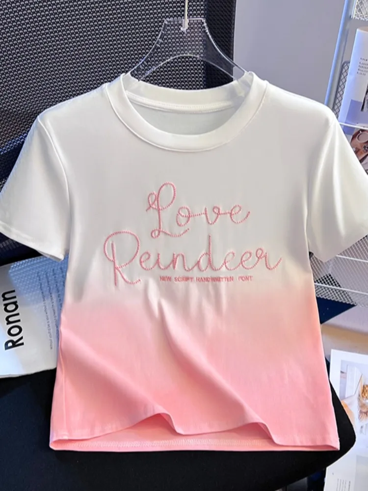 

Женская футболка с вышивкой ort Sve, летняя дизайнерская облегающая футболка ort Sle, корейская версия, смесь хлопка и полиэстера