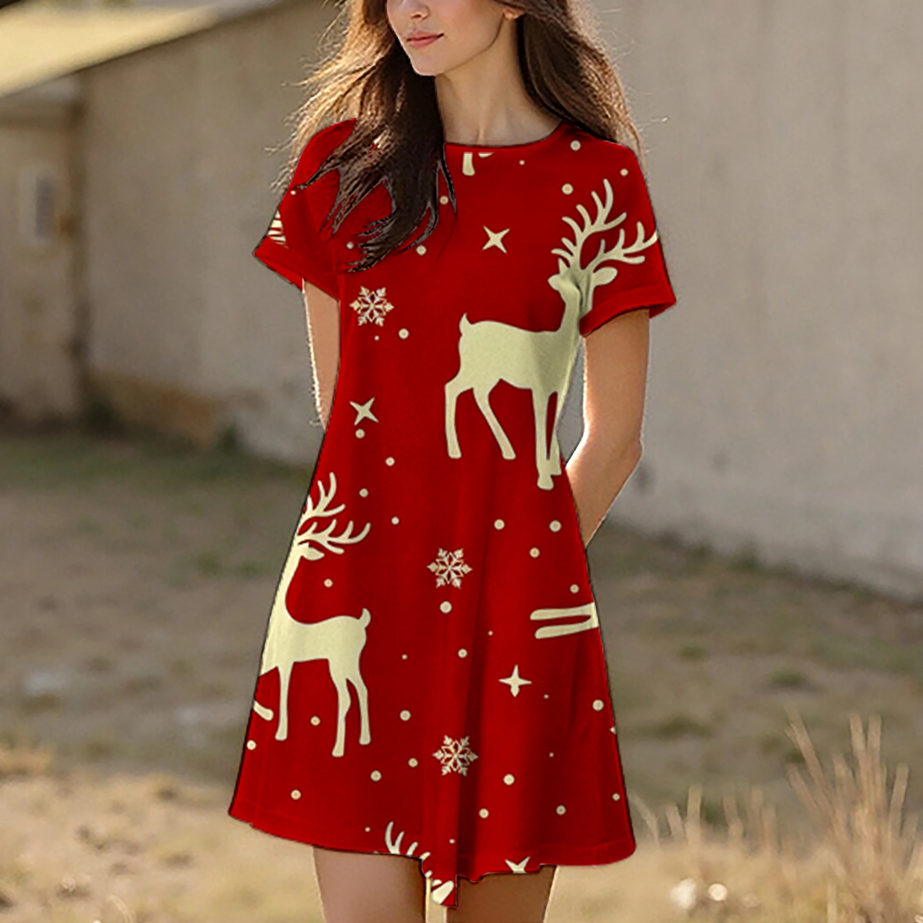 فستان نسائي صيفي لعيد الميلاد برقبة دائرية وأكمام محيطة، كاجوال، مريح وأنيق بنمط عيد الميلاد