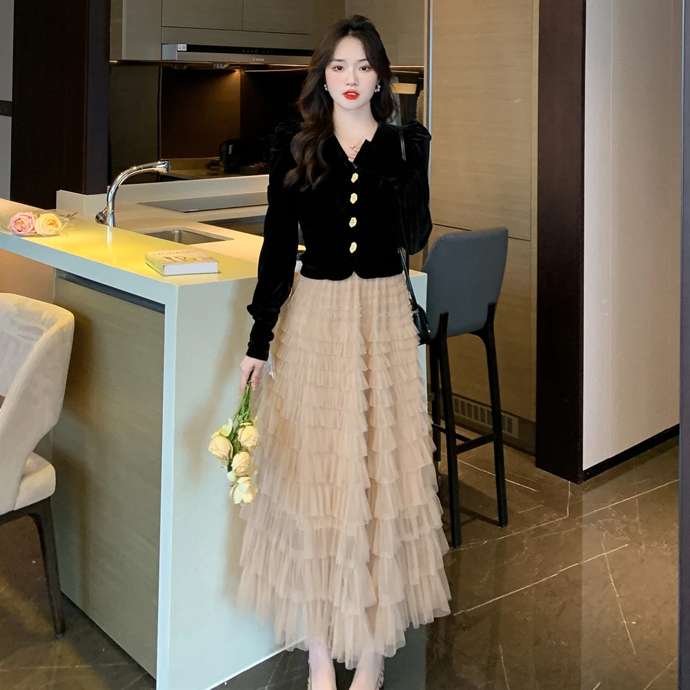 Fashion Elegant Suit Female Fall Chic Single-Breasted V Neck Velvet Top+High-Waist A Line Mesh Cake Skirt Two Piece Set Women