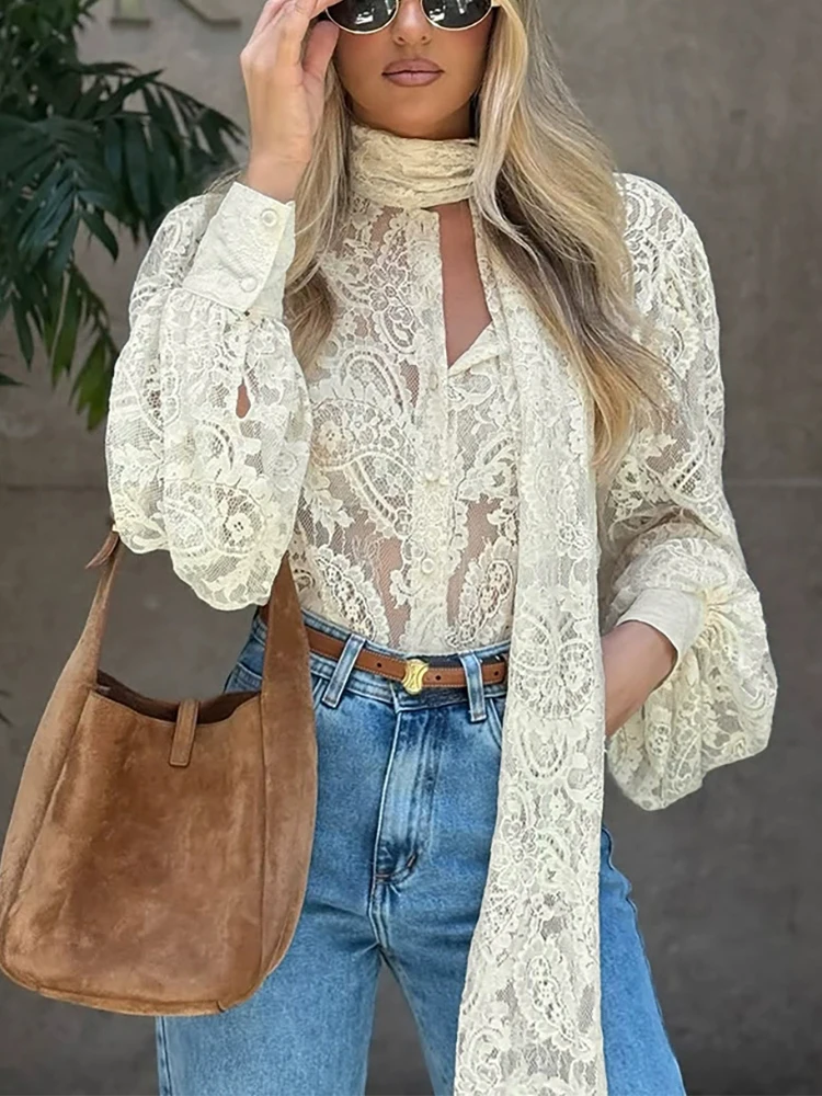 

New Spring Lace Hollow Commuter Women's Top Sexy Scarf Ribbon Party T-shirt Fashion Street Solid Perspective Embroidered Blouses
