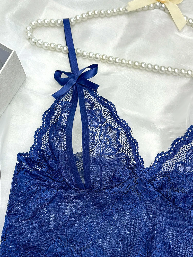 Sensual Lingerie Transparent Lace Bra Kits Crotchless Female Underwear Set Dark Blue Hollow Exotic Sets Tempation Intimate Goods