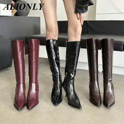 Alionly Minimally Retro Pointed Coffee Colored Slim Heeled Martin Boots for Women High-Heeled Long Boots