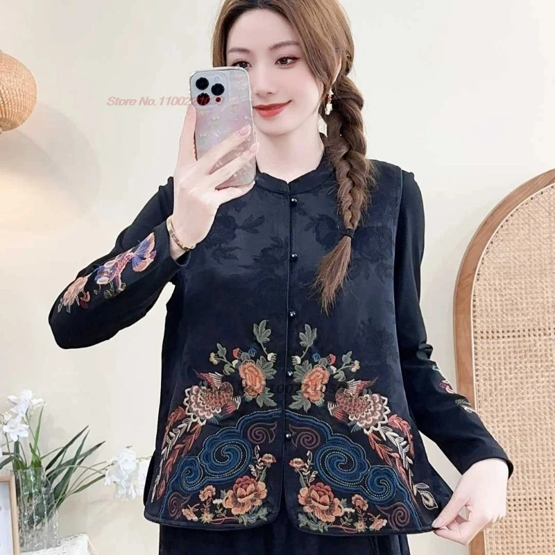 

2025 traditional chinese vintage vest national flower embroidery stand collar vest oriental hanfu tops satin jacquard folk vest