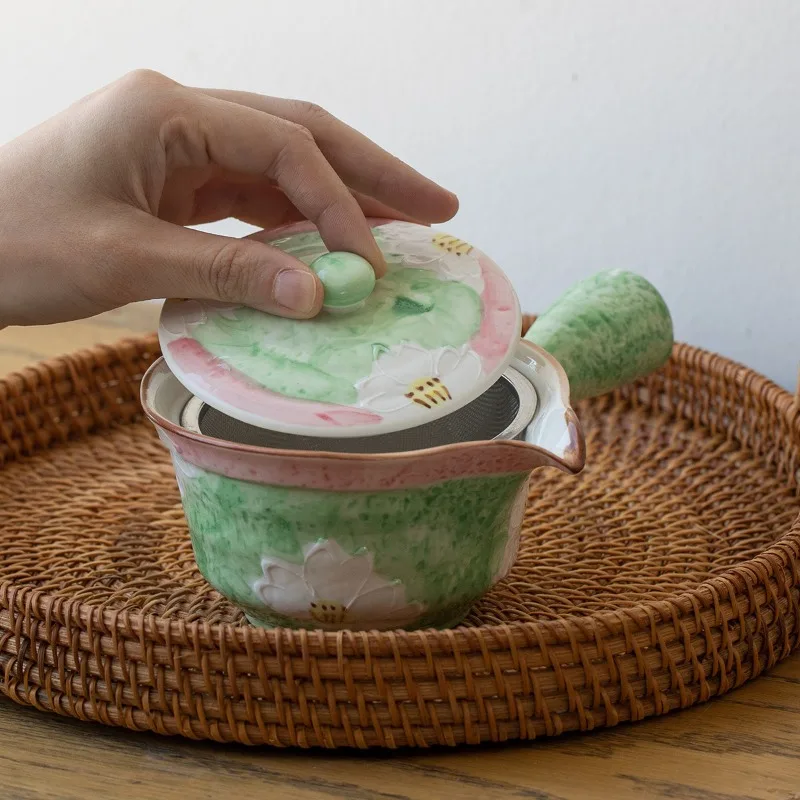 Japanese-Style Mino-yaki Hand-Painted Cherry Blossom Side-Handle Teapot with Strainer, Kyusu Pot, Kung Fu Tea Set