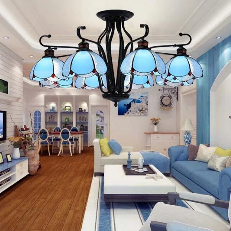 APRIL Tiffany European Living Room Pendant Lamp Mediterranean Sea Creative Color Glass restaurant Bedroom Hotel Chandelier