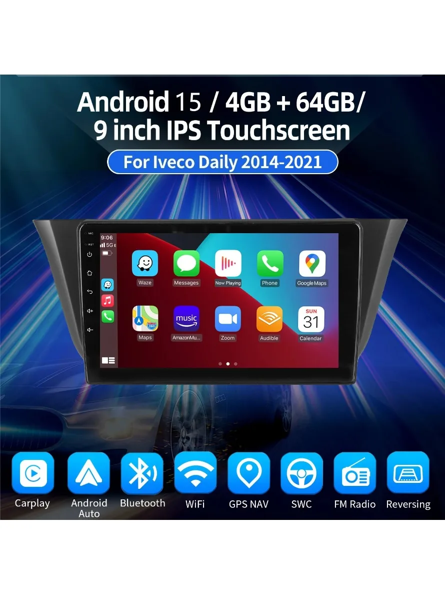 ESSGOO 9-Zoll Wireless Carplay für Iveco Daily 2014-2021 Autoradio Android 15 GPS NAV SWC Bluetooth Wifi RDS USB FM Mirror Link – Detail 1
