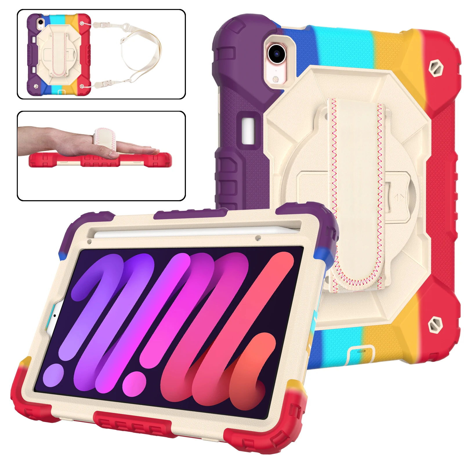 Hard PC and Silicon Case For iPad Mini 6 for iPad Model A2567 A2569 Rotating Shocproof Kids Safe Shoulder Strap Tablet Cover