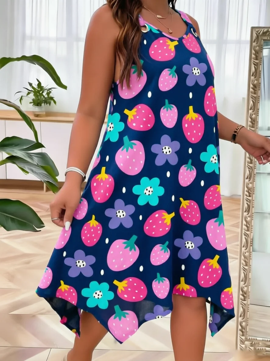 

Plus Size Women's Summer Dress Strawberry Floral Print Sleeveless Halter Neck Casual Loose Tunic Sundress Navy Blue