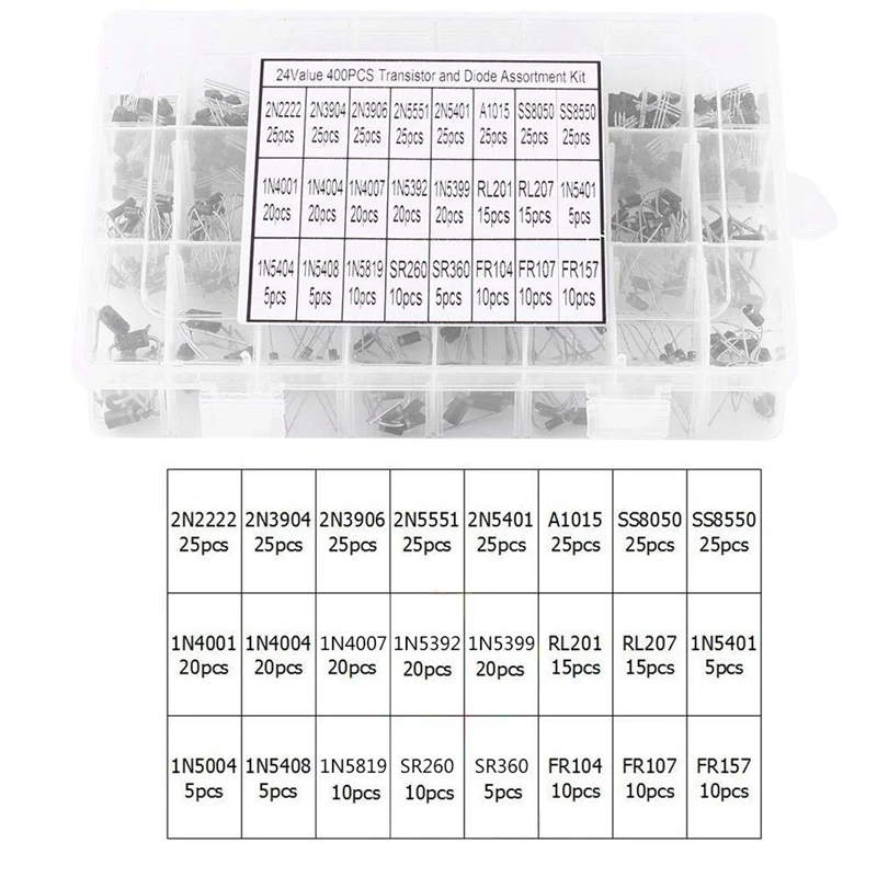 400 шт., 24 значения, набор транзисторов 2n22-fr157, диодный выпрямитель быстрого восстановления