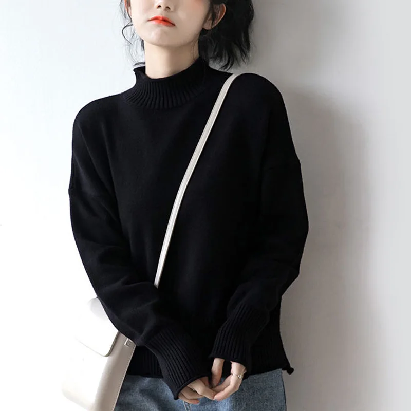 Autumn Winter Fashion Black Knitting Bottoming Shirt Women New Long Sleeve Half High Collar Solid Color All-match Lady Top 2022