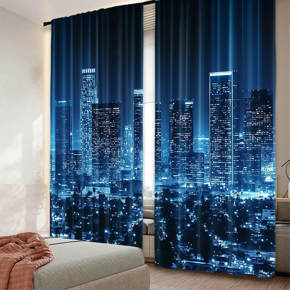 2Pcs Usa Curtain Los Angeles City Buildings At Night Monochromic Photo Scenery Dusk Suitable For Bedroom Bathroom Living Room