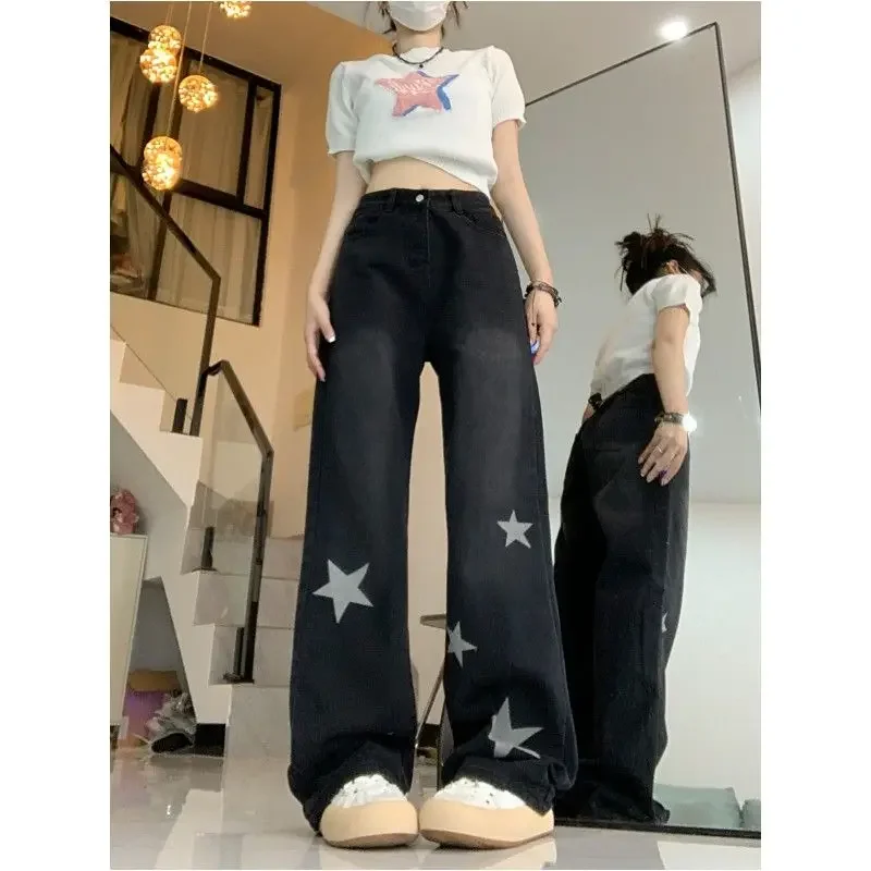 American Retro Star Print Jeans Women High Waist Slim Straight Wide Leg Trousers Button Zipper Pockets Trendy Loose Casual Pants