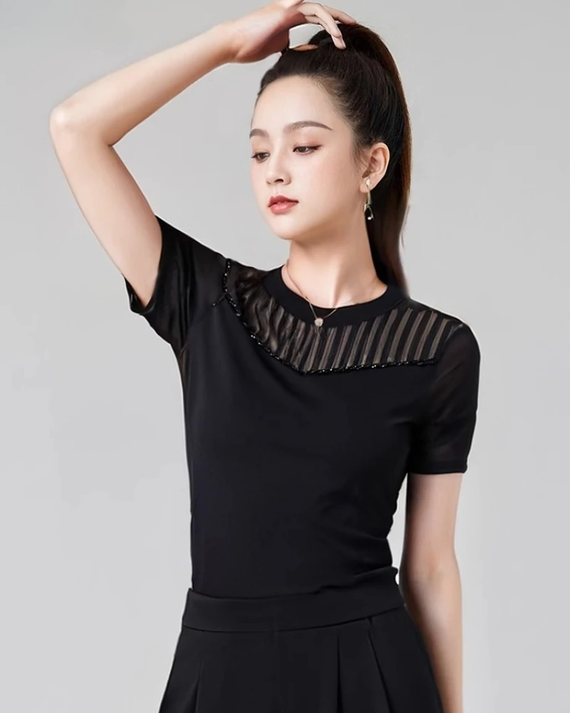 

2025 New Latin Dancewear Top Women Mesh Splicing Short Sleeve Top Modern Dance Practice Dress Social Latin Dance Clothing Shirt
