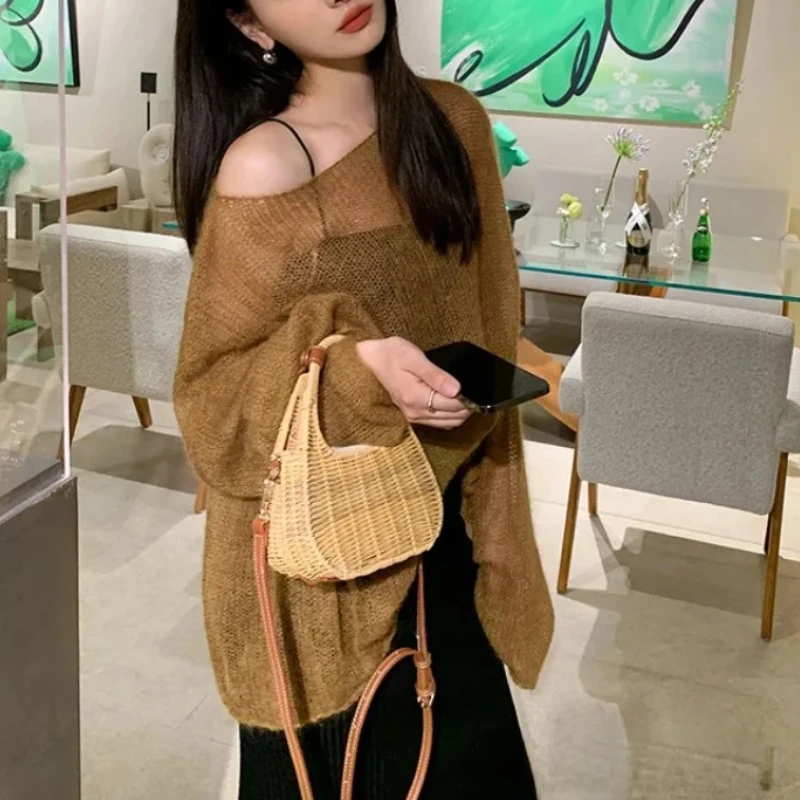 

Korean Women Loose Oversized Pullover Solid Color Mohair Sweater Sexy Off Shoulder Hollow Knit See Through Long Sleeve Sweater