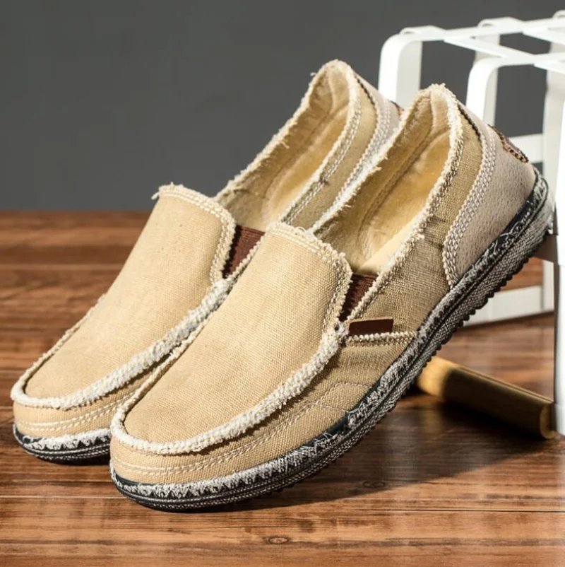 

classic canvas shoes men 2025 lazy shoes blue grey khaki canvas moccasin men slip on loafers washed denim casual flats