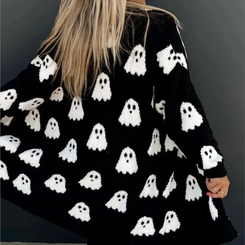 ハロウィンクリスマスゴーストパターンニットカーディガン女性の秋冬の新ファッション長袖ルーズセータージャケット女性のための