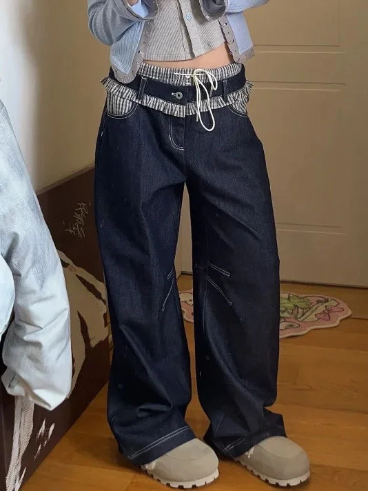 

Vintage Plaid Patchwork Blue Y2k Jeans Womens High Waist Straight streetwear Baggy Denim Pants American retro Wide Leg Trousers