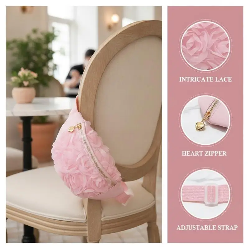 

Creamy White Fanny Pack Elegant 3D Chiffon Flower Gold Zipper Water Resistant for Party Travel Daily Commute