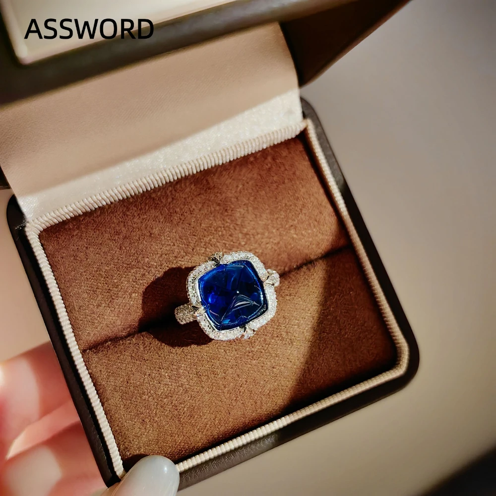 925 Sterling Silber Zucker-geschliffener Blauer CZ Schmuckset Damen Quadratische Ohrstecker Verstellbarer Ring Vintage Halo Party Schmuck Geschenk – Detail 3
