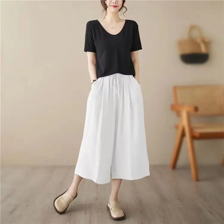 Losse wijde pijpen zeven voet katoen linnen plus size casual broek dames kleur string afslanken hoge taille woon-werkverkeer Sle