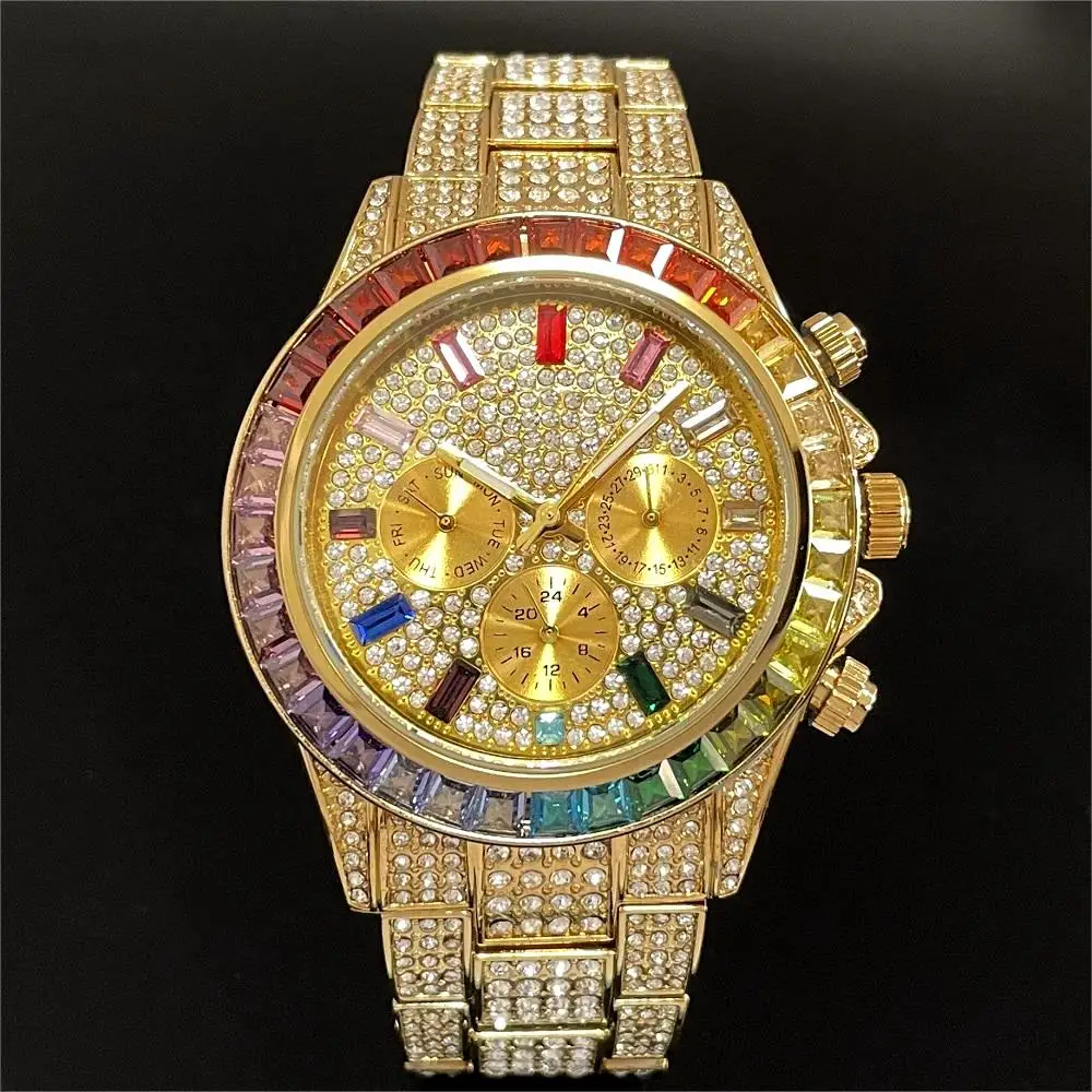 2024 Hot Luxury Quartz Watches Men Fashion Rainbow Diamond Wristwatch Hip Hop Iced Shiny Jewelry Gold Watches Man Dropshipping