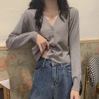 Women's Long Sleeve Cropped Cardigan V Neck Button Down Knit Lady Autumn Spring Knitted Single-breasted Cardigan Sweaters - Image 3