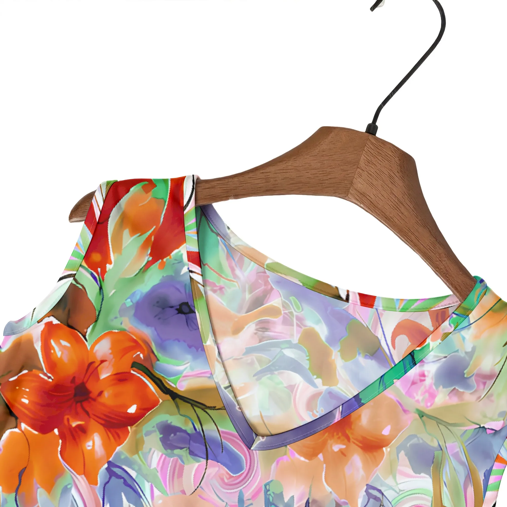 Lebhaft bedrucktes ärmelloses Kleid mit Blumenmuster, abstraktes Kunstmuster, locker sitzende Tunika, lässige Strandkleidung, Sommerurlaubsoutfit, XL-5XL – Detail 6