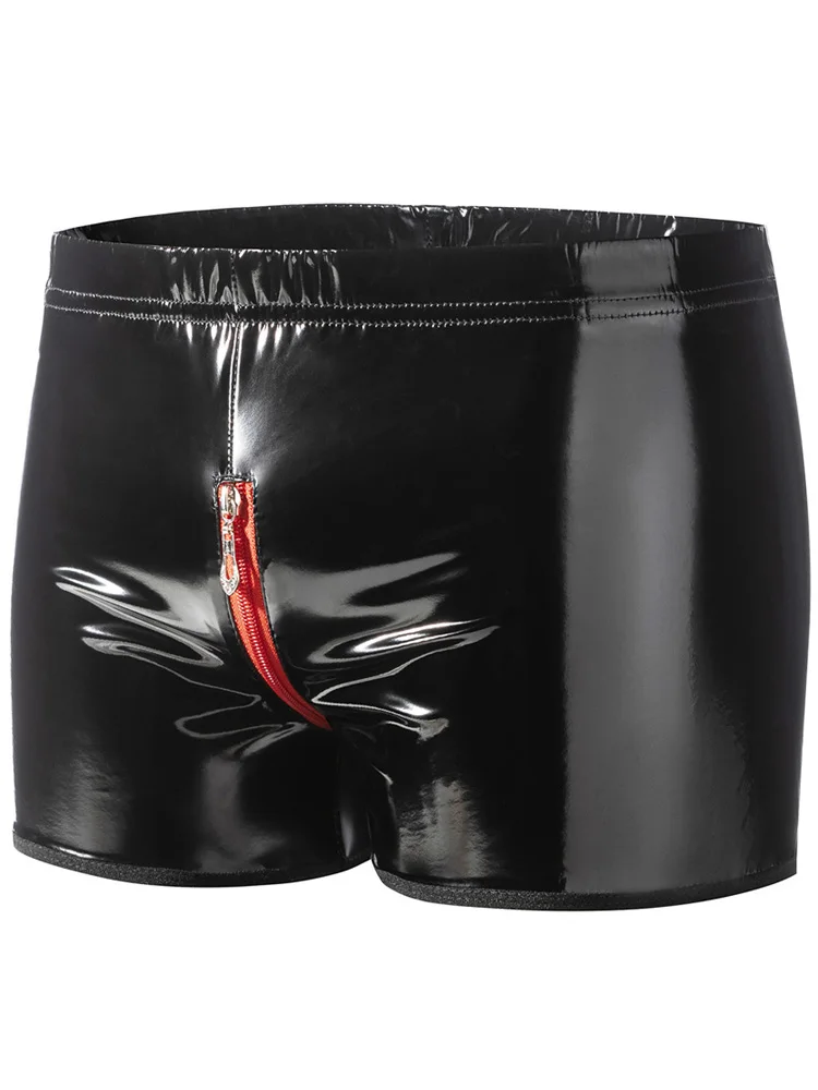 S-5XL Wet Look PVC Boxer Shorts Shiny Faux PU Leather Boxershorts Zipper Open Crotch Trunks Men Bokserki Calzoncillo Briefs Ropa