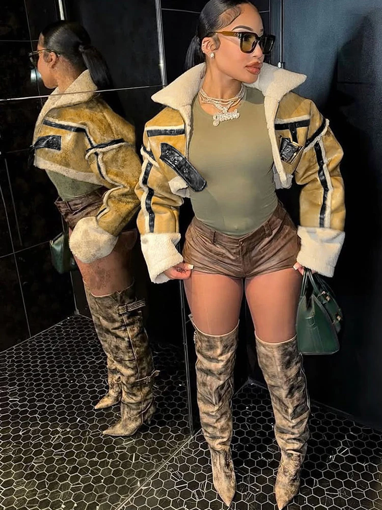 

Cutenew классическая укороченная куртка на флисовой подкладке женская Y2K из искусственной кожи в стиле пэчворк на молнии Роскошный хипстерский тренд зимняя теплая уличная одежда узкое пальто