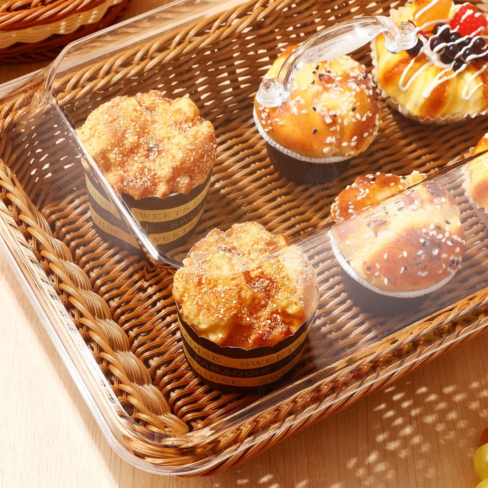 Tapa de cesta tejida de mimbre de imitación, cestas simuladas para servir pan de verduras, contenedores de almacenamiento acrílicos para el hogar,