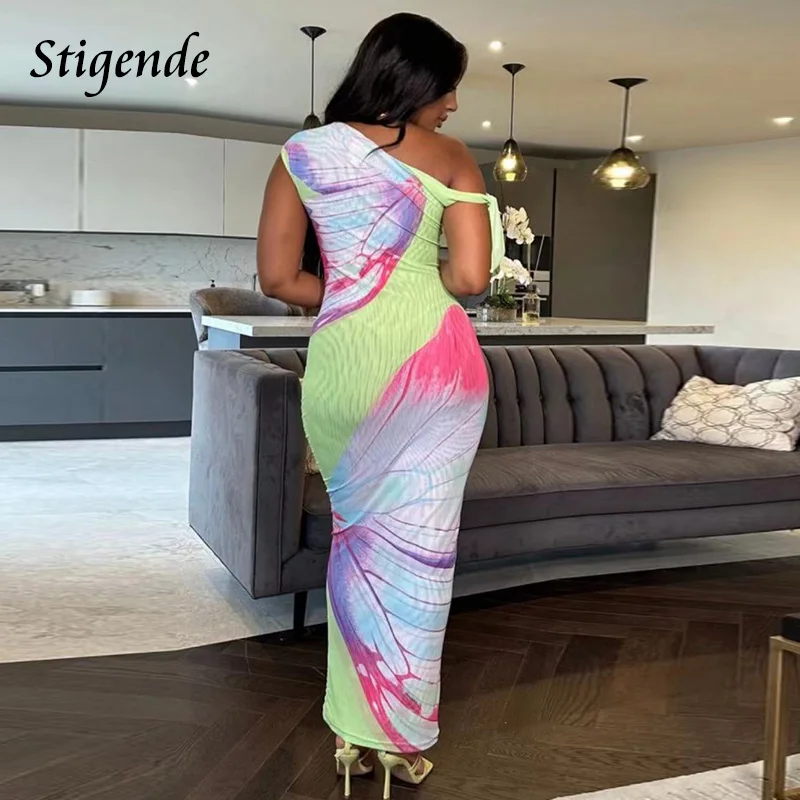 Stigende Floral Print Sleeveless See Through Mesh Dress Women Sexy One Shoulder Transparent Long Dress