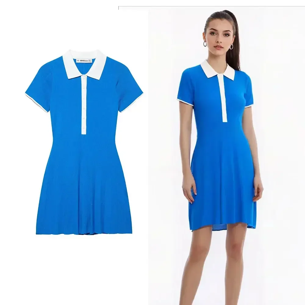 

Women Fashion Women Sexy Blue Pleated Knitted Mini Dress Lapel Neck Short Sleeves Female Chic Lady Casual Shirt Dresses