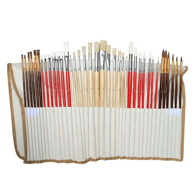 キャンバスバッグセット付きナイロン木製ブラシ,水彩絵の具,カラバー,豚の毛,油絵,描画ペン,38個
