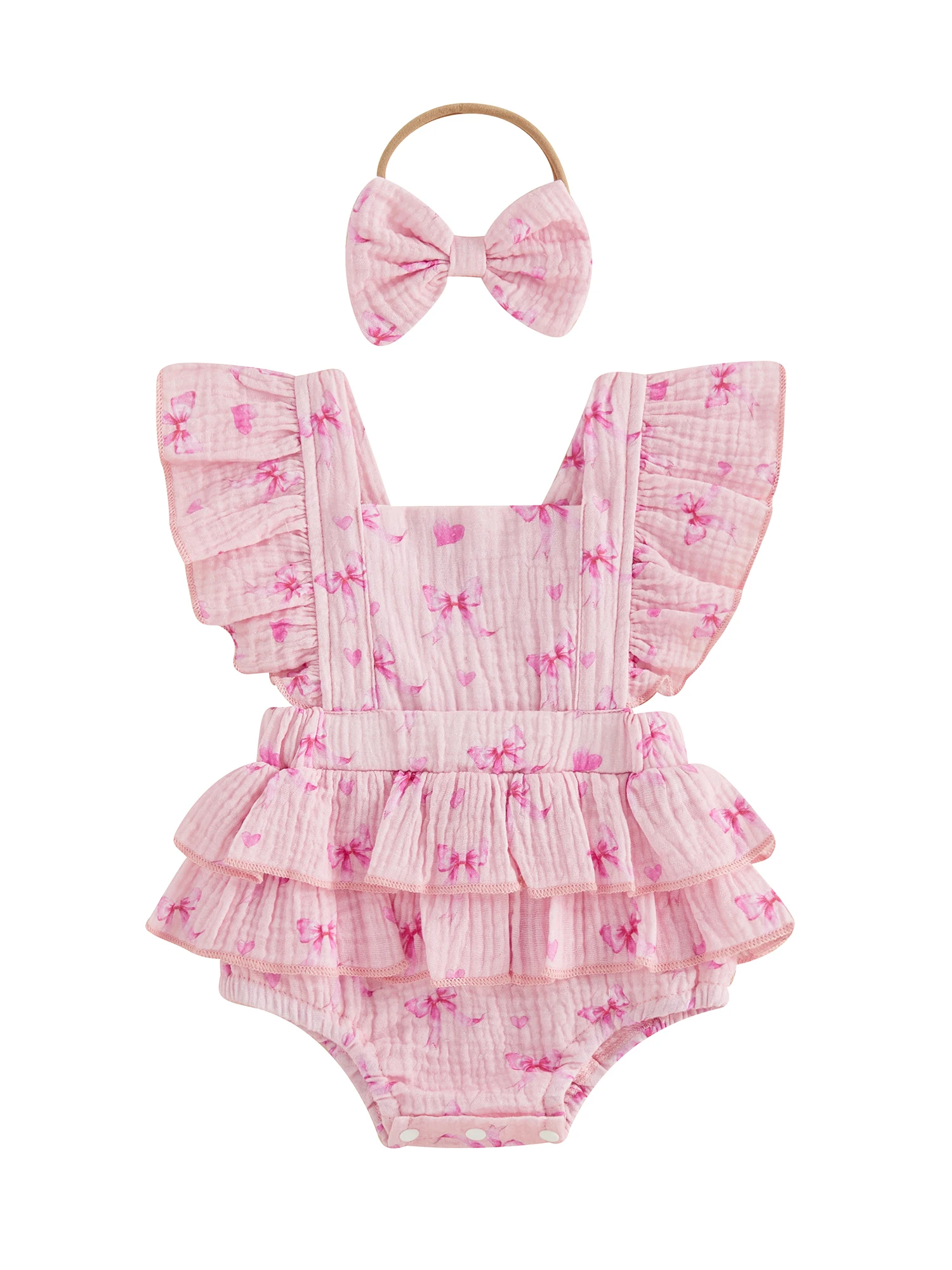 

Adorable Baby Girls Rompers with Cute Bow Print Square Neckline Flutter Sleeves and Ruffles - Stylish Infant Bodysuits