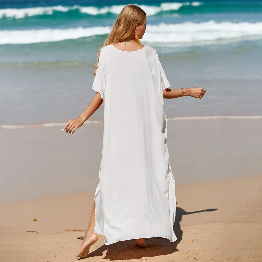 Solid Blue Plus Size Long Kaftan Casual V-neck Robe Summer Maxi Dress Woman Clothing Beach Wear Swim Suit Cover Up Bikini jacket