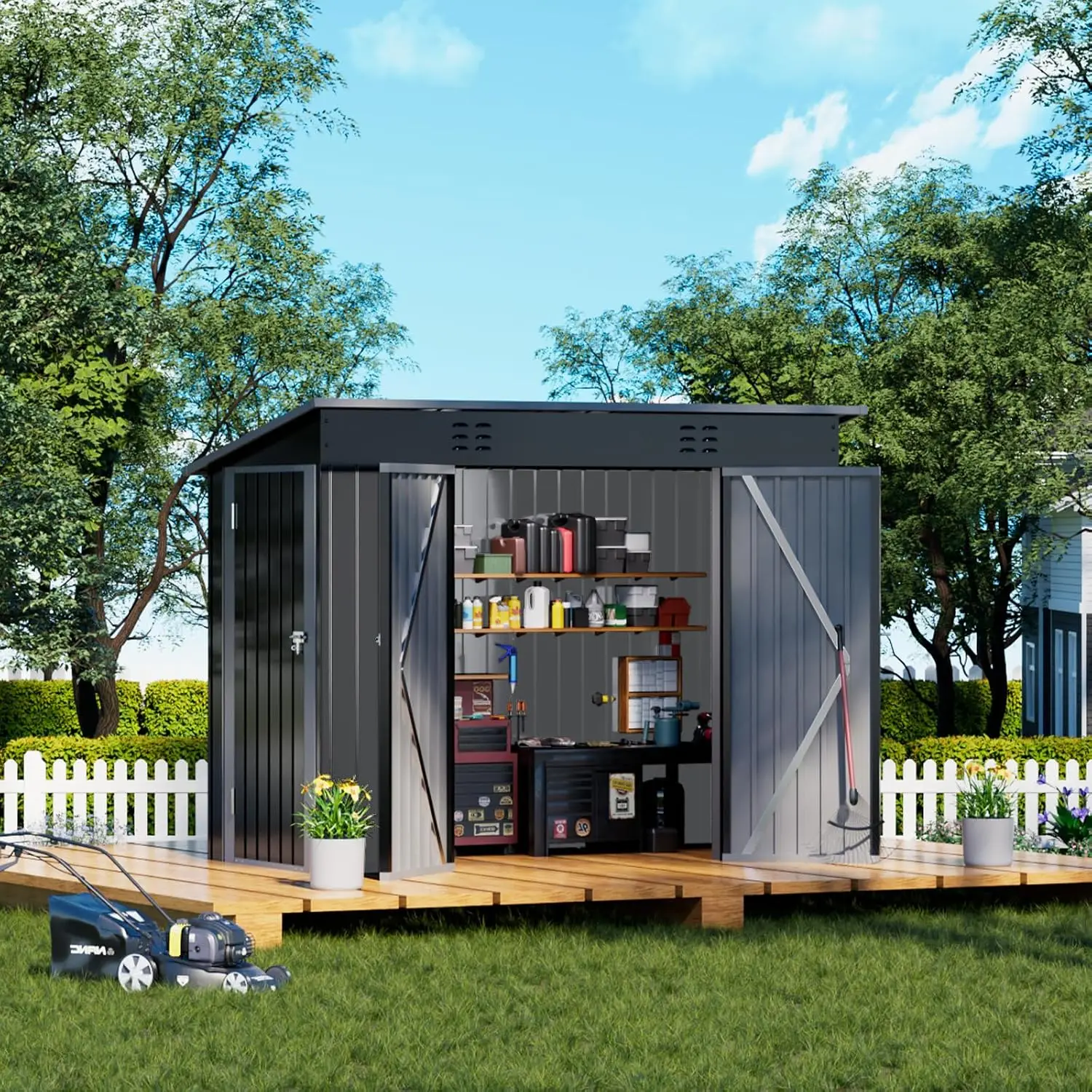 Outdoor Storage Shed Metal Lockable Doors Sloping Roof Steel Garden Shed Air Vent Backyard Patio Lawn Poolside 8x4ft, Customized
