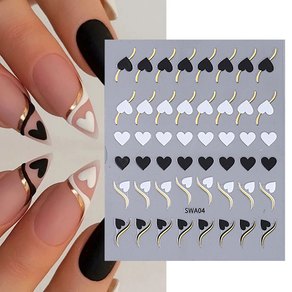 Gold Wave Line Heart Nail Art Stickers Metal Curved Strip Black Red Love Design Simple Valentine's Theme Decals Manicure Sliders