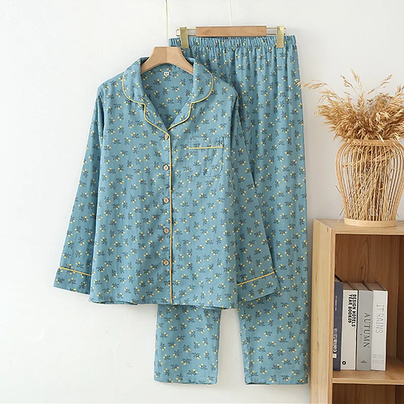 

Lapel Collar Long Sleeve Sleepwear Set Spring 100% Cotton Gauze Women's Nightwear Room Wear Loose Home Clothes JJ964