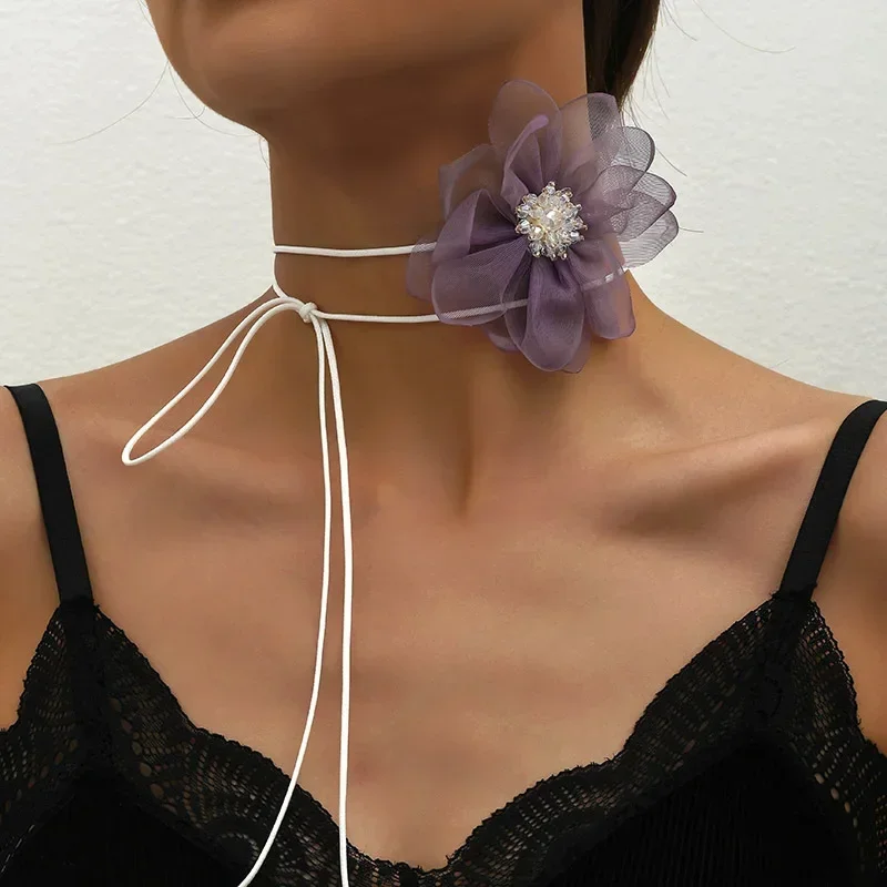 

Lace Chiffon Flower One The Neck Decoration Women's Long Rope Chain Flower Choker Necklace Fancy 2023 New Party Neck Jewelry