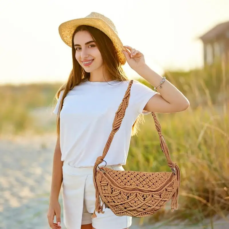 Bobo Crossbody torby artystyczne torebki typu Tote Crossbody miękki, ręcznie tkany bawełniany portfel na monety szydełkowe frędzle artystyczna