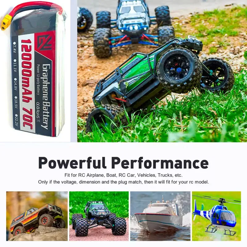 12000mAh 6S 22.2V 70C RC Lipo Battery Rechargeable Battery for RC Car FPV Truck Helicopter with XT60 XT90 Connector