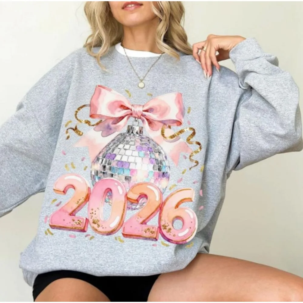 سنة جديدة سعيدة 2026 هوديي الوردي Coquette السنة الجديدة البلوز القوس السنة الجديدة ديسكو الكرة البلوز الشارع موضة الشارع الشهير
