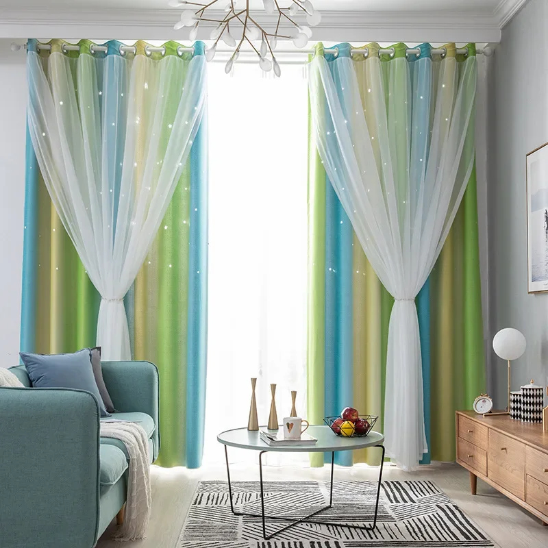 New Curtains for Living Dining Room Bedroom Girl Children's Room Star Gradient Hollow Out Blackout and Double Layer Tulle