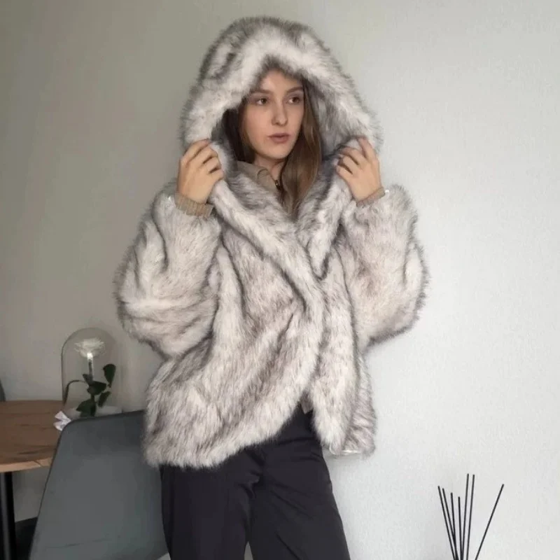 Women Faux Fur Hairy Coats Short Hooded Jackets Lady Long Sleeves Loose American Style Thick Elegant Casual 2026 Winter Coat