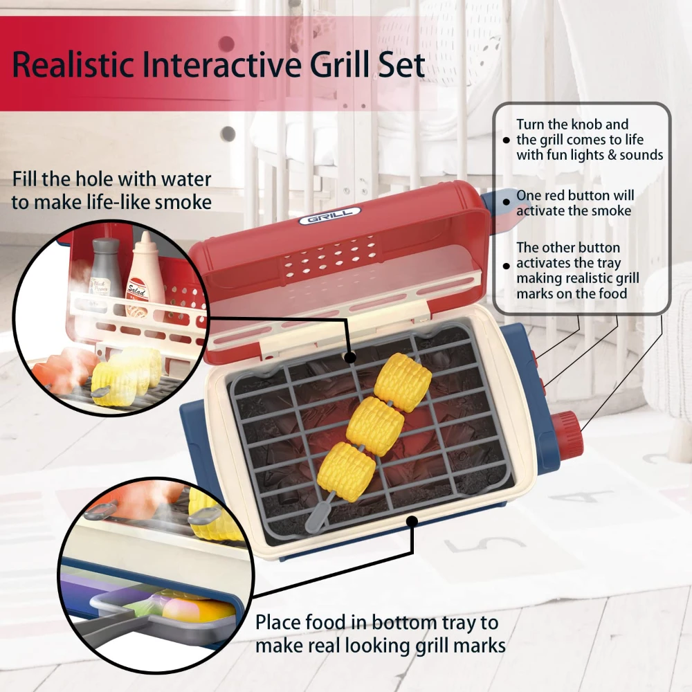 WizKidz Set da barbecue giocattolo per bambini - Fai finta di giocare con set da gioco per barbecue con suono luminoso e accessori per divertimento in cucina creativa