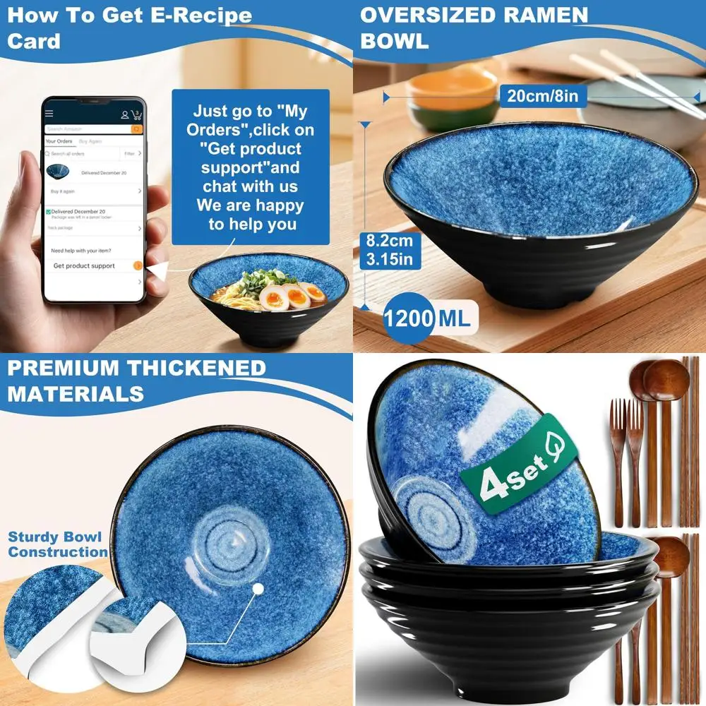 

8-Inch 4-Piece Ceramic Ramen Bowl Set - Japanese-Style Porcelain, Dishwasher and Microwave Safe, Ideal for Salad, Noodles, Cerea